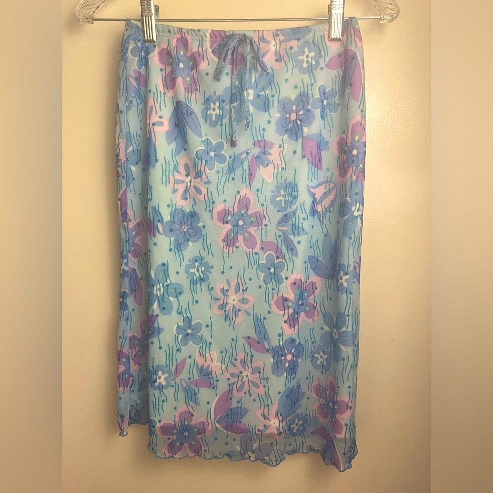 Vintage Y2K Blue Purple & Pink Glittery Floral Print Tie  Detail Pull On Skirt M